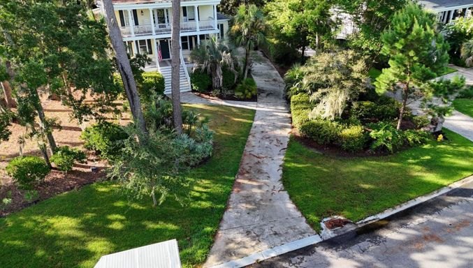 Dingy walkway before pressure washing, aerial view in Hilton Head, SC